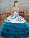 Fantastic Floor Length Blue And White 15 Quinceanera Dress Organza Sleeveless Embroidery and Ruffled Layers and Bowknot