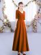 Traditional Rust Red Zipper V-neck Ruching Bridesmaid Gown Satin Half Sleeves