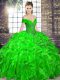 Green Ball Gowns Off The Shoulder Sleeveless Organza Floor Length Lace Up Beading and Ruffles Quinceanera Dresses
