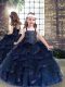 Modern Straps Sleeveless Child Pageant Dress Floor Length Beading and Ruffles Navy Blue Tulle