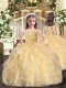 Gold Ball Gowns Straps Sleeveless Organza Floor Length Lace Up Beading and Ruffles Kids Formal Wear