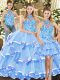 Blue Three Pieces Embroidery and Ruffled Layers Sweet 16 Dress Lace Up Organza Sleeveless Floor Length