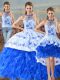 Fancy Blue And White Sweet 16 Dress Sweet 16 and Quinceanera with Embroidery and Ruffles Halter Top Sleeveless Court Train Lace Up