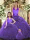 Halter Top Sleeveless 15th Birthday Dress Floor Length Ruffles Purple Tulle