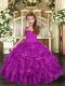 Fuchsia Ball Gowns Straps Sleeveless Organza Floor Length Lace Up Ruffles and Ruching Child Pageant Dress