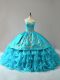 Customized Aqua Blue Ball Gowns Sweetheart Sleeveless Organza Floor Length Lace Up Embroidery and Ruffles Quince Ball Gowns