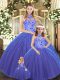 Low Price Blue Ball Gowns Tulle Halter Top Sleeveless Embroidery Lace Up Sweet 16 Dress
