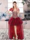 Deluxe Burgundy Off The Shoulder Neckline Beading and Ruffles Pageant Dress for Teens Sleeveless Lace Up