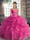 Trendy Hot Pink Ball Gowns Off The Shoulder Sleeveless Organza Floor Length Lace Up Beading and Ruffles and Pick Ups Sweet 16 Quinceanera Dress