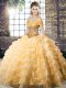 Most Popular Gold Ball Gowns Organza Off The Shoulder Sleeveless Beading and Ruffled Layers Lace Up Vestidos de Quinceanera Brush Train