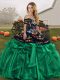 Vintage Off The Shoulder Sleeveless Sweet 16 Dresses Floor Length Embroidery and Ruffles Green Organza