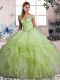 Clearance Organza Off The Shoulder Sleeveless Lace Up Beading and Ruffles Sweet 16 Dresses in Yellow Green