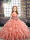 Attractive Floor Length Peach Child Pageant Dress Organza Sleeveless Beading and Ruffles