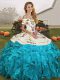 Sleeveless Organza Floor Length Lace Up Quinceanera Dresses in Aqua Blue with Embroidery and Ruffles