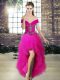Chic High Low Fuchsia Red Carpet Gowns Off The Shoulder Sleeveless Lace Up