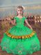 Popular Turquoise Satin Lace Up Off The Shoulder Sleeveless Floor Length Kids Formal Wear Beading and Embroidery