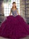 Fuchsia Tulle Lace Up Straps Sleeveless Floor Length Quince Ball Gowns Beading and Ruffles