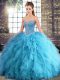 Custom Fit Aqua Blue Ball Gowns Tulle Sweetheart Sleeveless Beading and Ruffles Floor Length Lace Up Quinceanera Dress