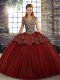 Exquisite Wine Red Ball Gowns Beading and Appliques 15 Quinceanera Dress Lace Up Tulle Sleeveless Floor Length