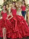 Pretty Red Three Pieces Straps Sleeveless Organza Floor Length Lace Up Ruffles Quinceanera Dresses