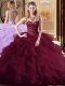 Sleeveless Beading and Ruffles Lace Up 15 Quinceanera Dress with Burgundy Brush Train