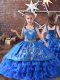 Trendy Sleeveless Floor Length Embroidery and Ruffled Layers Lace Up Little Girl Pageant Dress with Royal Blue
