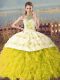 Halter Top Sleeveless Court Train Lace Up Sweet 16 Dress Yellow Green and Yellow Organza