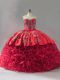 Red Quince Ball Gowns Fabric With Rolling Flowers Brush Train Sleeveless Embroidery