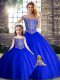 Tulle Off The Shoulder Sleeveless Brush Train Lace Up Beading Quinceanera Gowns in Royal Blue