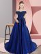 High End Blue A-line Satin Off The Shoulder Sleeveless Lace Zipper Quince Ball Gowns Court Train