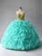 Romantic Fabric With Rolling Flowers Sweetheart Sleeveless Court Train Lace Up Beading and Ruffles Quinceanera Gown in Aqua Blue