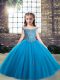 Baby Blue Ball Gowns Beading Kids Formal Wear Lace Up Tulle Sleeveless Floor Length