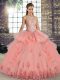 Custom Made Watermelon Red Sleeveless Floor Length Lace and Embroidery and Ruffles Lace Up Quinceanera Dresses