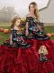 Red And Black Ball Gowns Organza Off The Shoulder Sleeveless Embroidery and Ruffles Floor Length Lace Up Quinceanera Gown