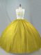 Olive Green Two Pieces Tulle Scoop Sleeveless Beading Floor Length Zipper 15th Birthday Dress
