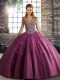 Beading and Appliques Ball Gown Prom Dress Fuchsia Lace Up Sleeveless Floor Length
