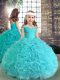 Aqua Blue Lace Up Little Girls Pageant Dress Beading and Ruching Sleeveless Floor Length