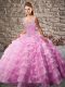 New Style Court Train Ball Gowns Quinceanera Dresses Pink Straps Organza Sleeveless Floor Length Lace Up