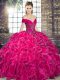 High End Floor Length Hot Pink Quinceanera Gowns Organza Sleeveless Beading and Ruffles