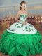 Elegant Floor Length Green 15th Birthday Dress Organza Sleeveless Embroidery and Ruffles and Bowknot