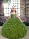 Sleeveless Organza Floor Length Lace Up Kids Pageant Dress in Olive Green with Beading and Ruffles