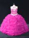 Sleeveless Organza Floor Length Backless Sweet 16 Dresses in Fuchsia with Beading and Lace and Pick Ups