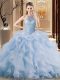 Noble Blue Ball Gowns Beading and Ruffles Quinceanera Dresses Lace Up Organza Sleeveless