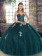 High End Floor Length Lace Up Vestidos de Quinceanera Peacock Green for Military Ball and Sweet 16 and Quinceanera with Beading and Appliques
