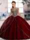 Fantastic Tulle Sweetheart Cap Sleeves Brush Train Lace Up Beading Quinceanera Gowns in Wine Red
