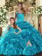 Free and Easy Teal Sleeveless Organza Lace Up Ball Gown Prom Dress for Military Ball and Sweet 16 and Quinceanera