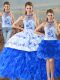 Blue And White Lace Up Sweet 16 Quinceanera Dress Embroidery and Ruffles Sleeveless Floor Length