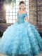 Fancy Aqua Blue Organza Lace Up Quinceanera Gown Sleeveless Brush Train Beading and Ruffled Layers