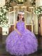 Lavender Organza Lace Up Halter Top Sleeveless Floor Length Kids Formal Wear Beading and Ruffles