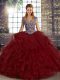 Wine Red Straps Neckline Beading and Ruffles Quinceanera Gown Sleeveless Lace Up